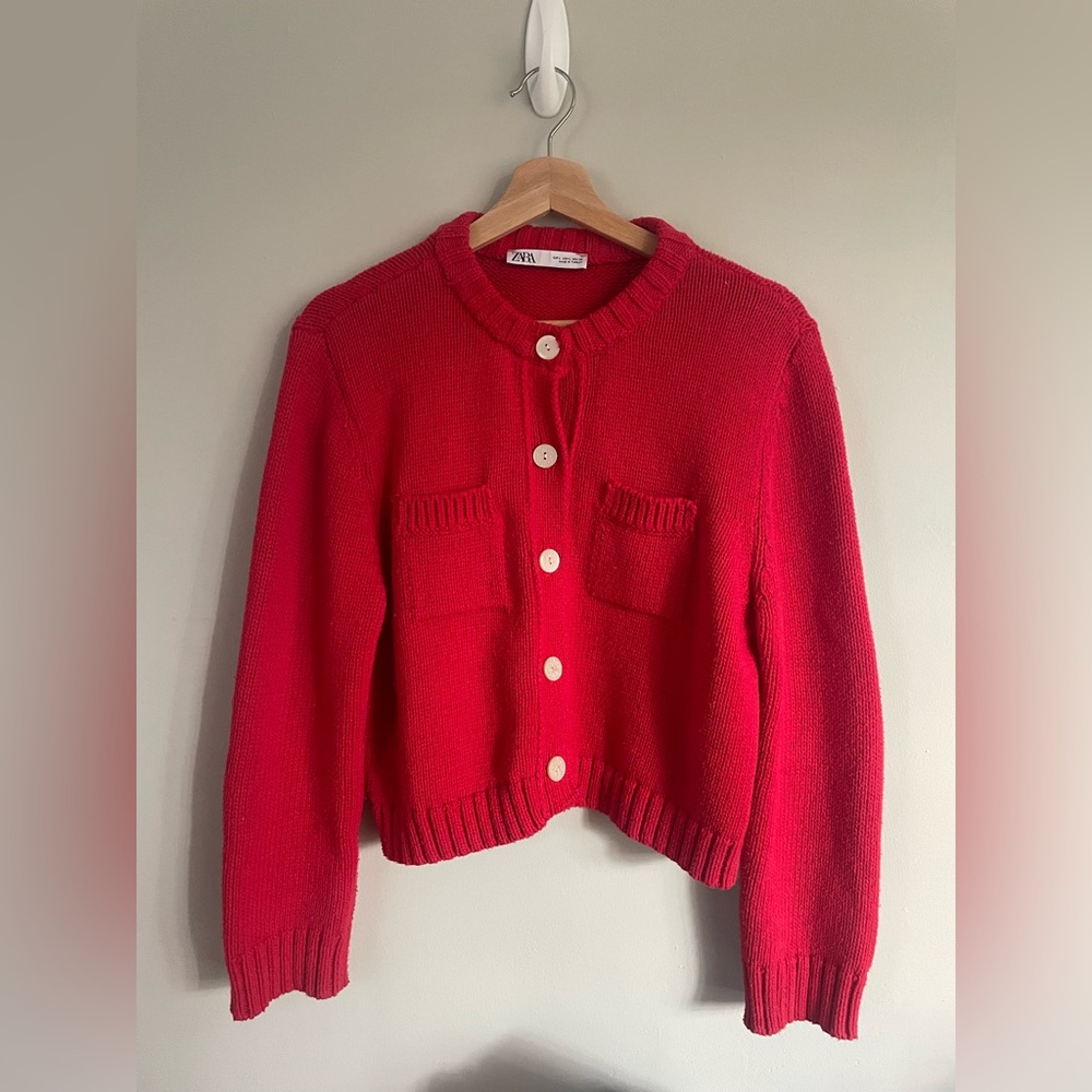 Zara Women's Knitted Bright Red Cardigan